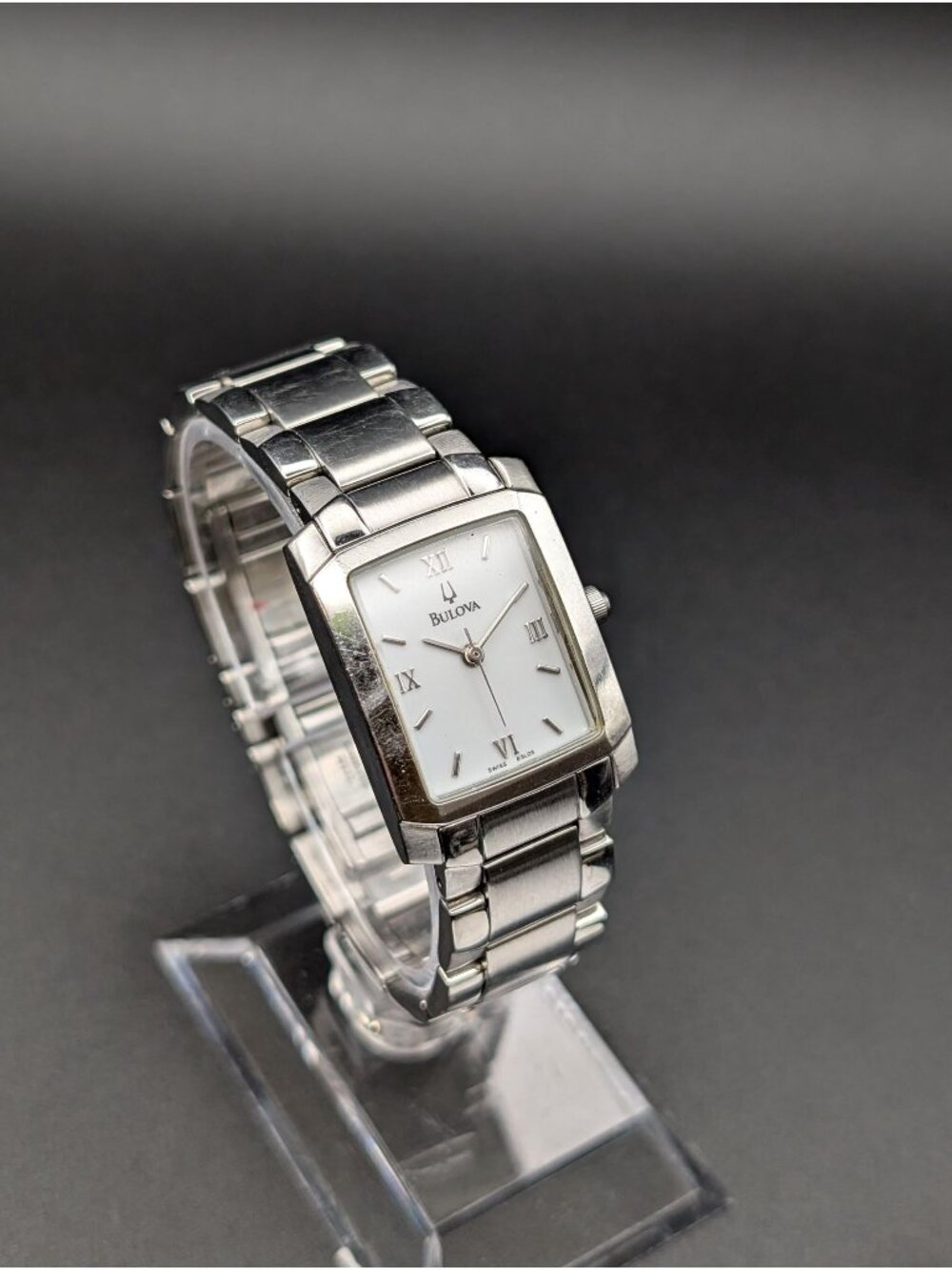 Vintage Bulova Stainless Steel Tank Quartz Ladies Watch, Roman Numeral Dial